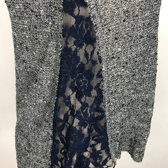 Free People Mix It Up Blouse Top Sweater Hacci thermal Blue Gray Tweed Lace XS - Picture 5 of 7